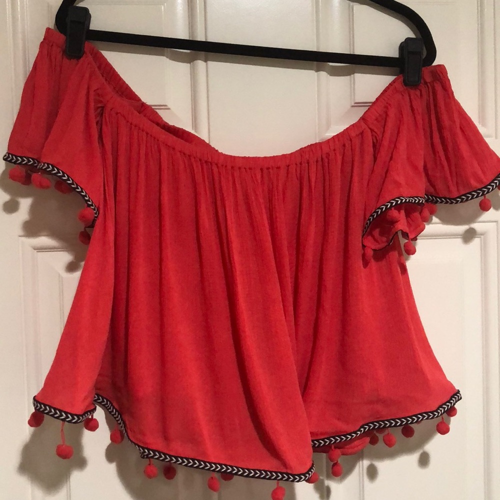 NWOT Red PomPom Off The Shoulder Crop Top Size L